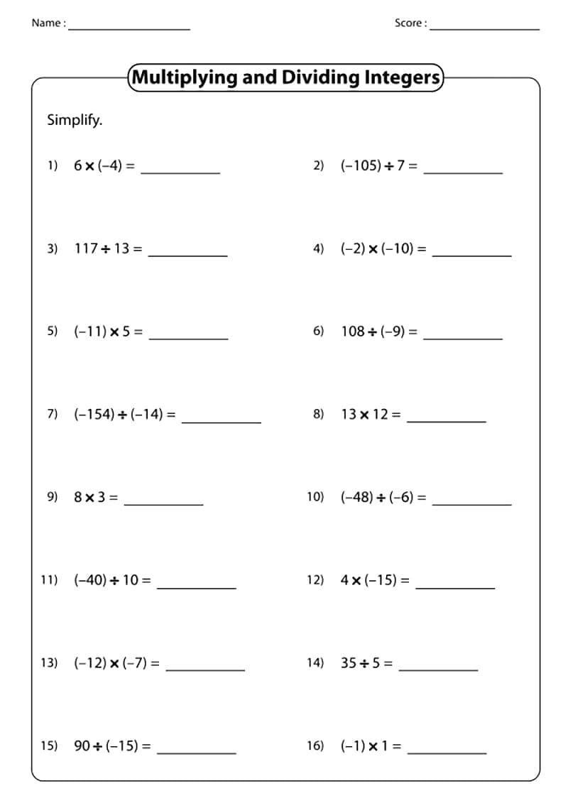 Multiplying and Dividing Integers Worksheet Free Image