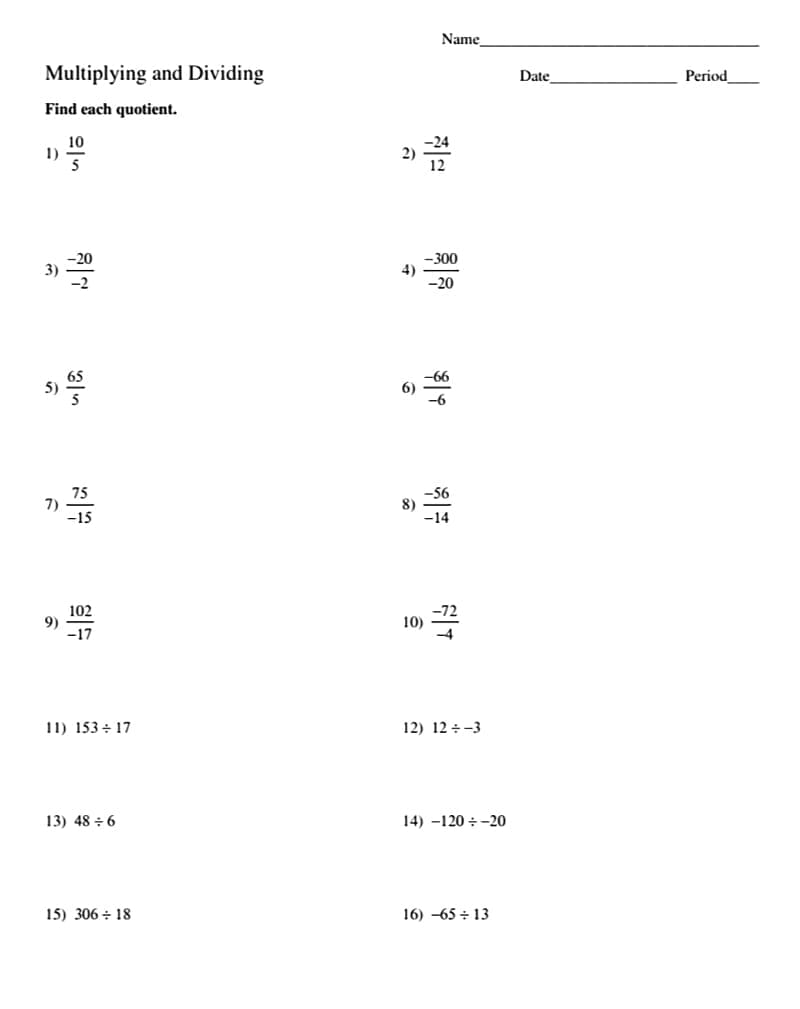 Multiplying and Dividing Integers Worksheet Free Images