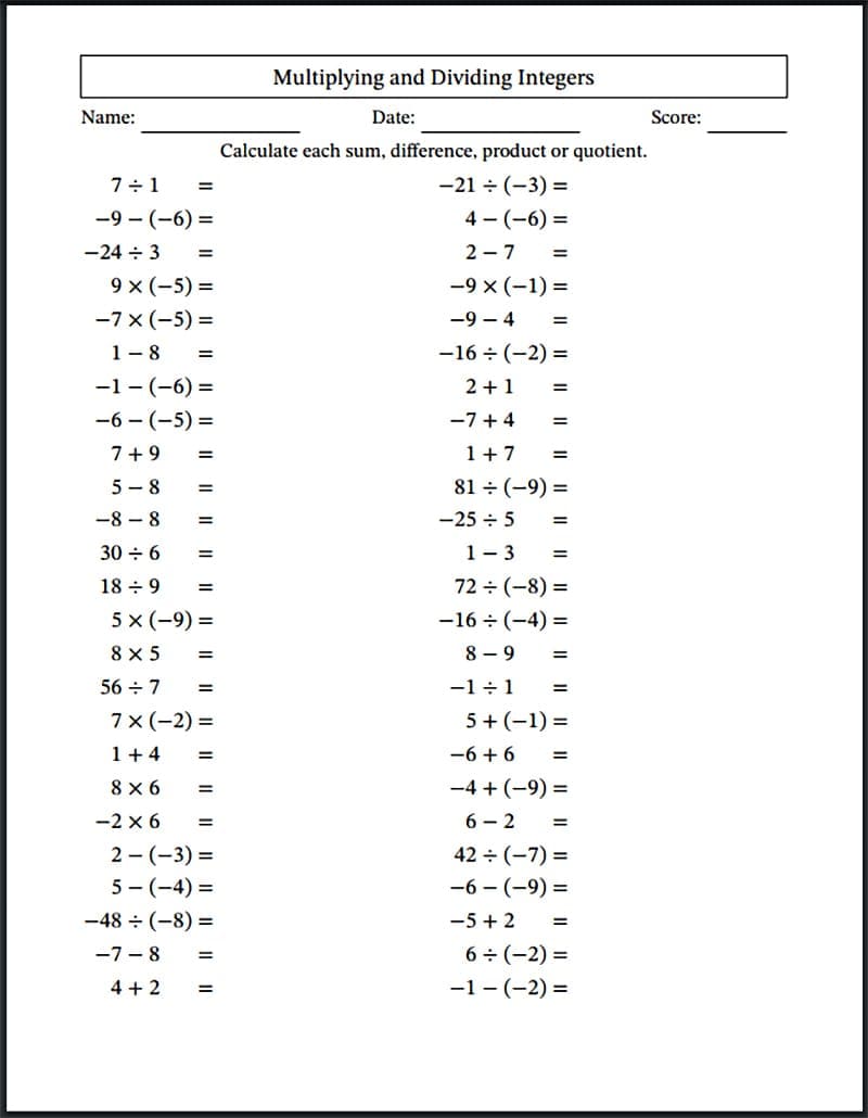 Multiplying and Dividing Integers Worksheet Free