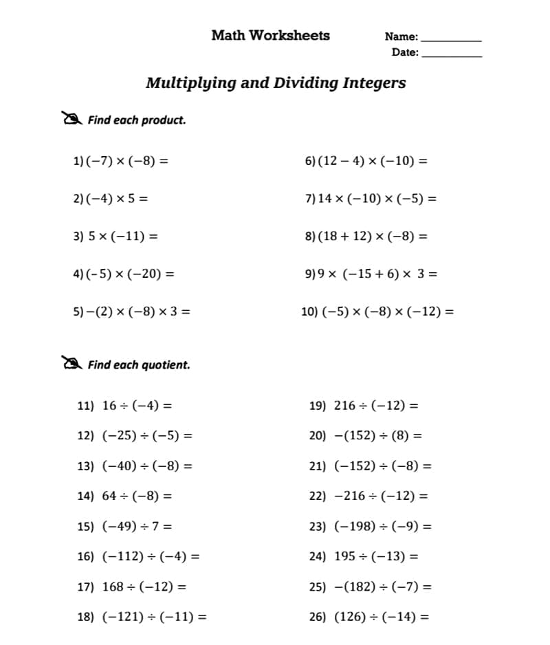 Multiplying and Dividing Integers Worksheets Basic