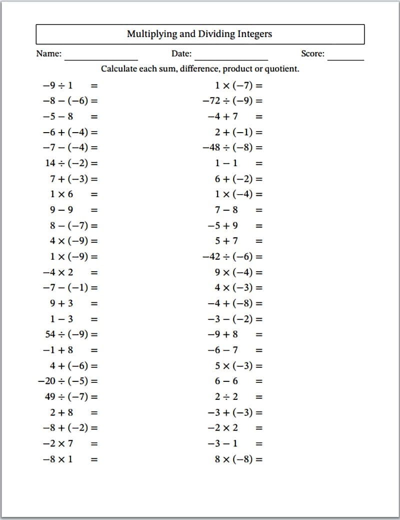 Multiplying and Dividing Integers Worksheets For Fun