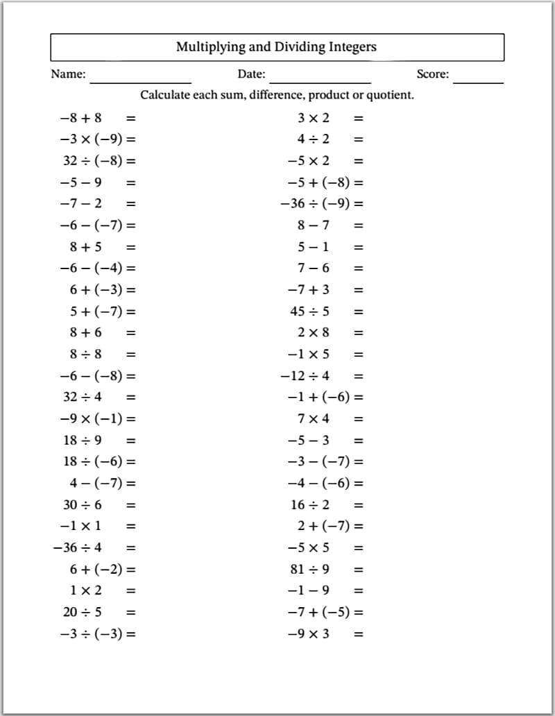 Multiplying and Dividing Integers Worksheets For Kid