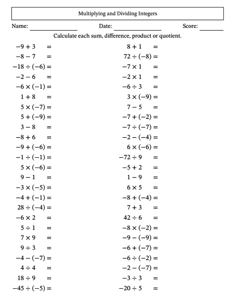 Multiplying and Dividing Integers Worksheets For Kids