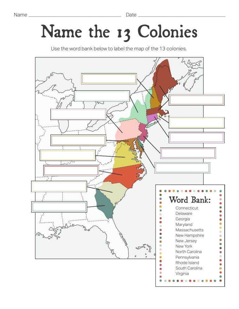 Name the 13 Colonies Worksheet Picture