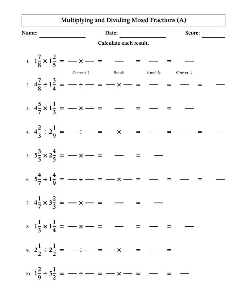 Mixed Number Multiplication Worksheets