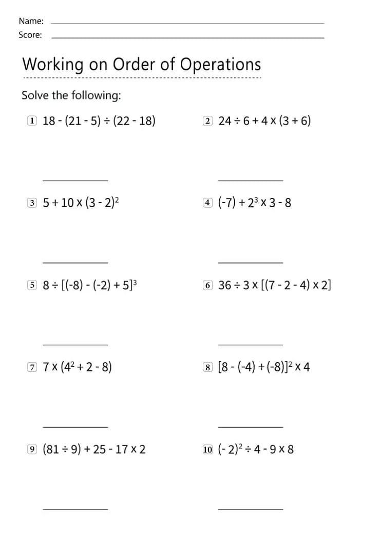 Order of Operations Assessment Worksheet