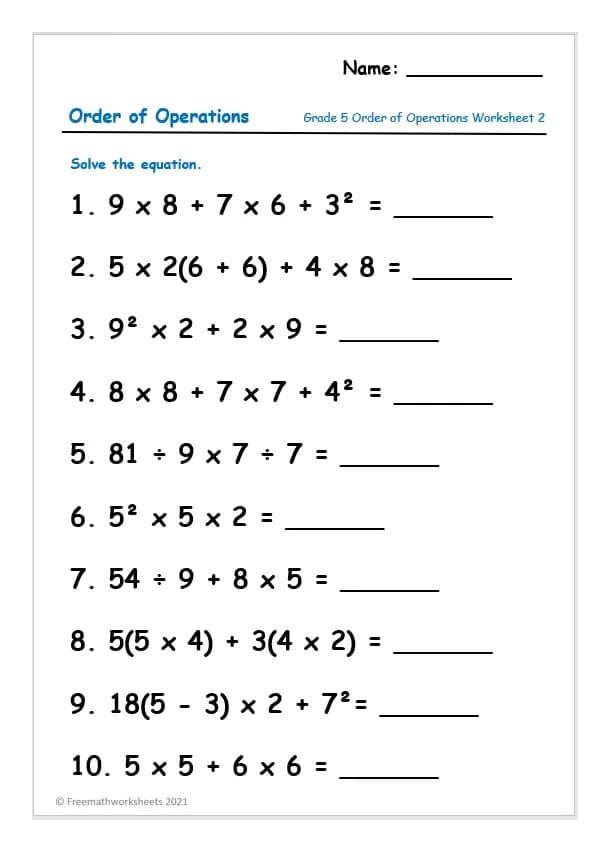 Order of Operations Review Worksheet