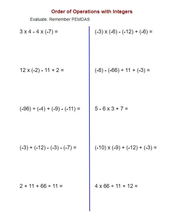 Order of Operations Worksheets