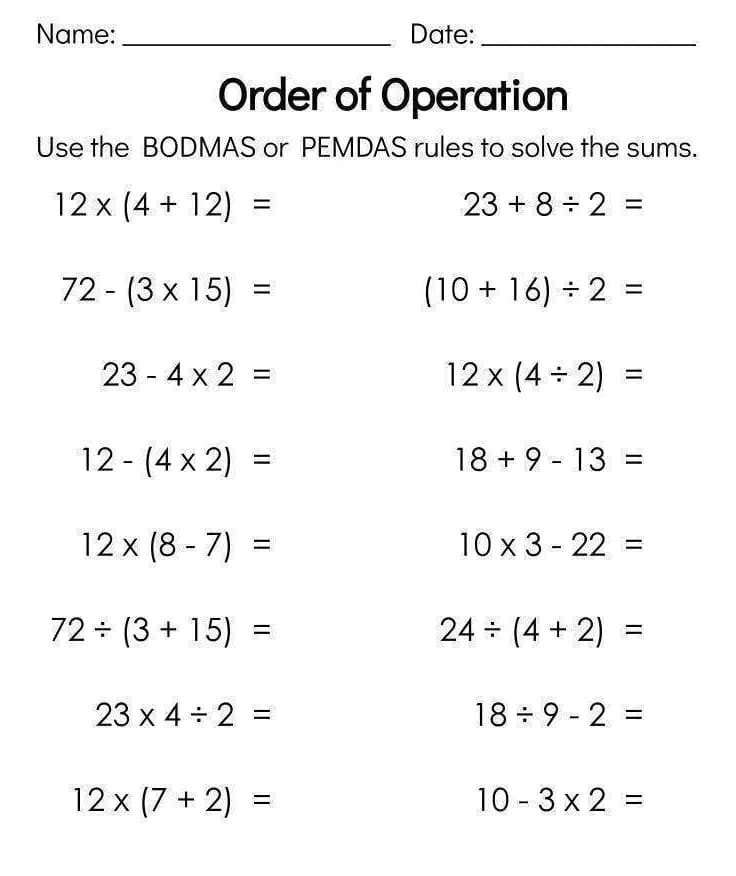 Order of Operations for High School Worksheet