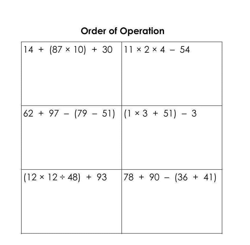 Order of Operations for Middle School Worksheet