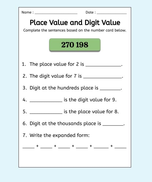 Place Value Worksheet Free Photo