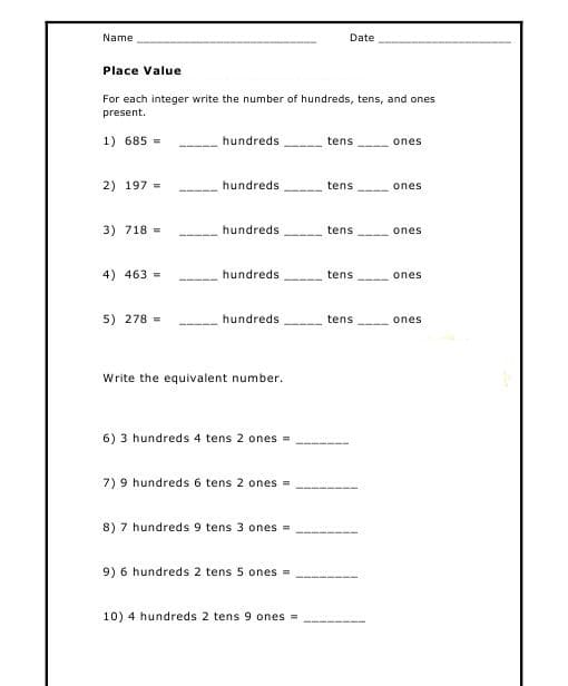 Place Value Worksheet Photo Download