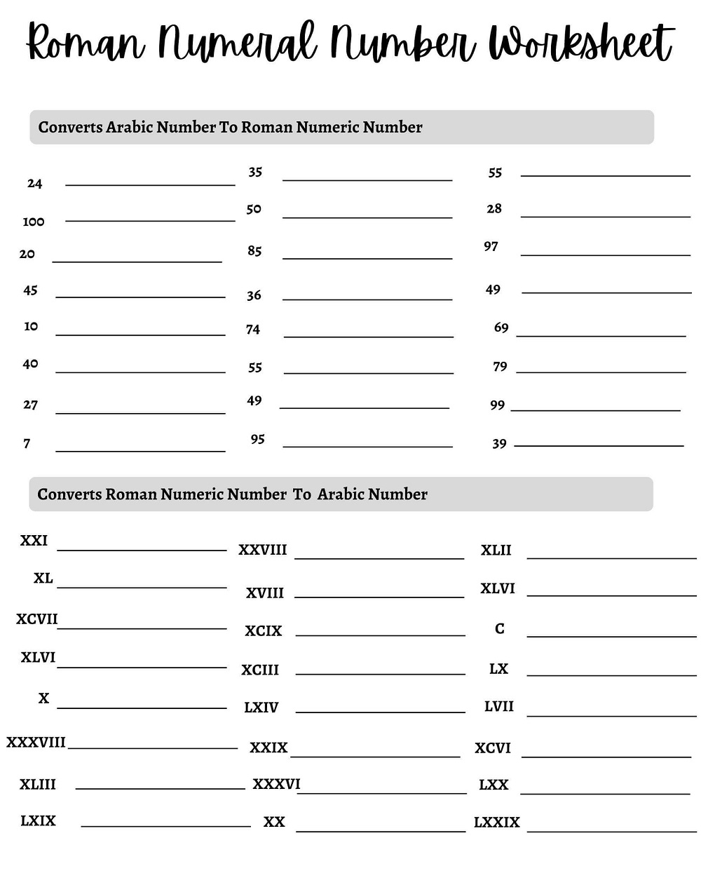 Roman Numerals Worksheet For Kid