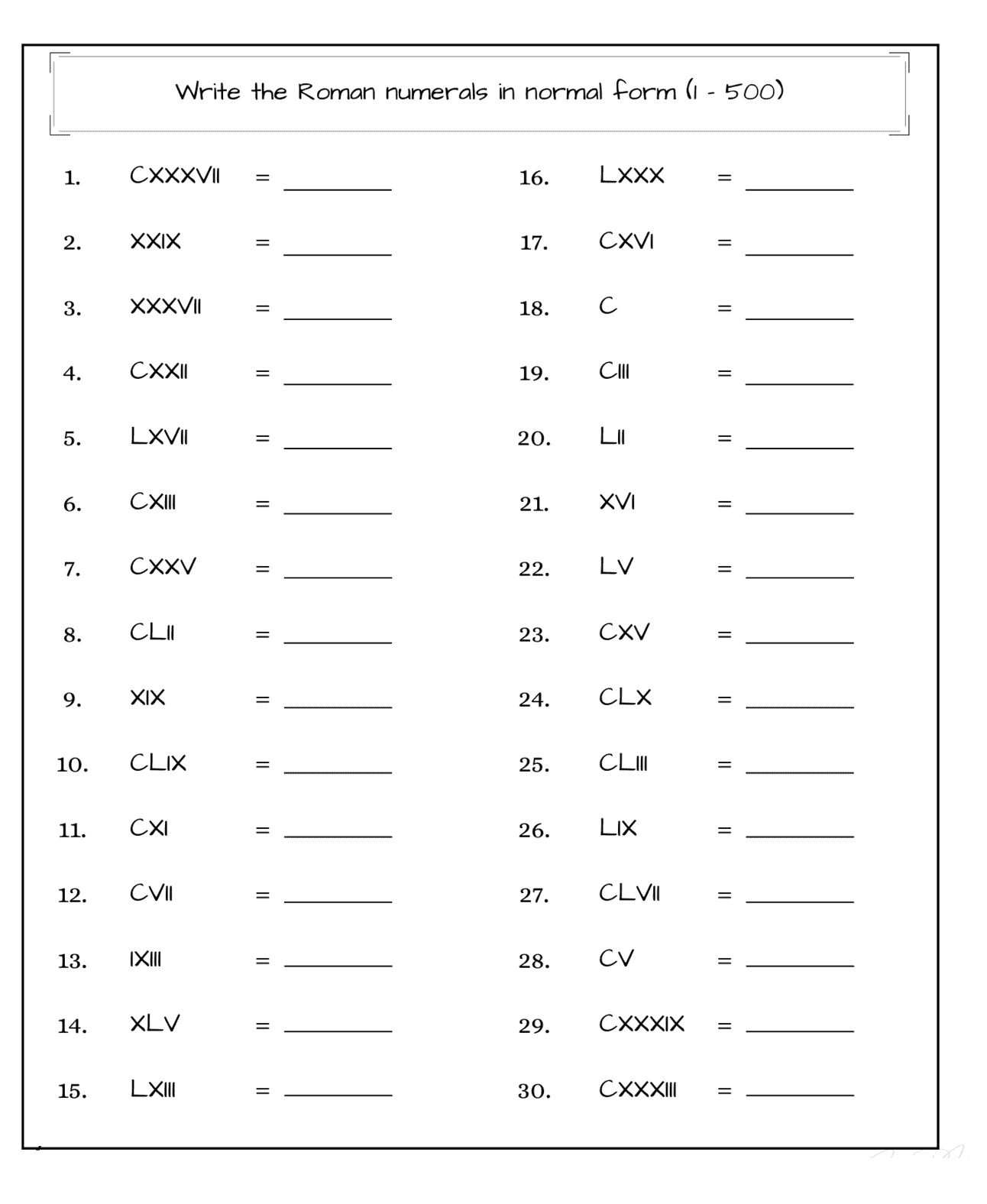 Roman Numerals Worksheet Photo