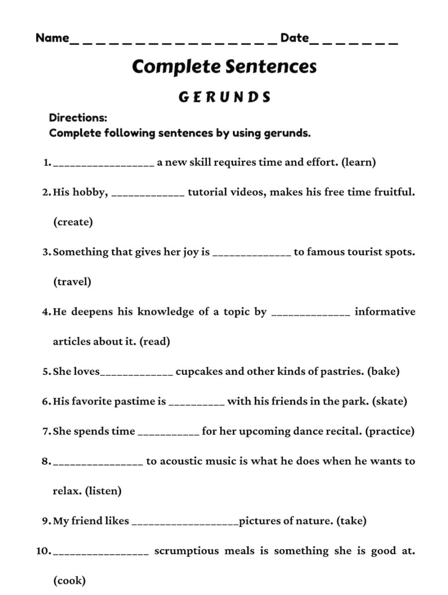 Sentence Completion Worksheets