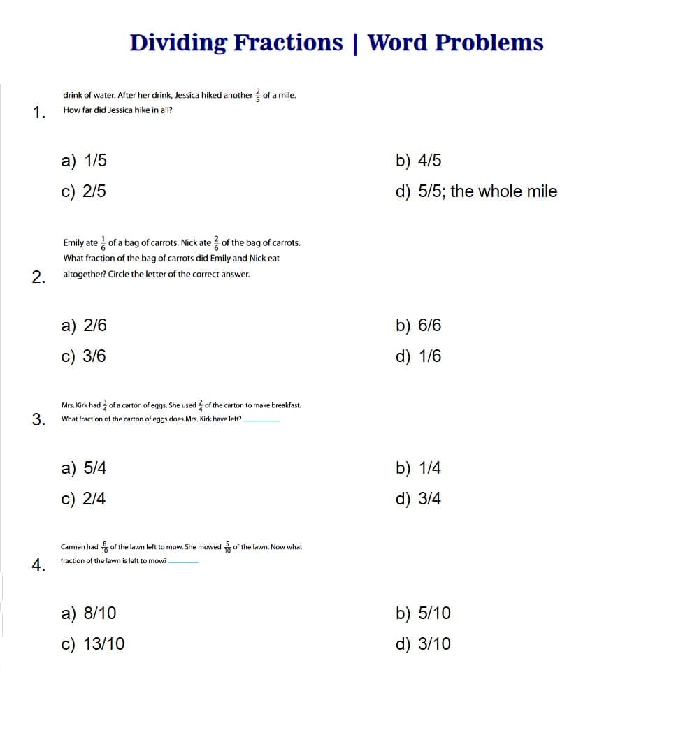 Simple Dividing Fractions Word Problems