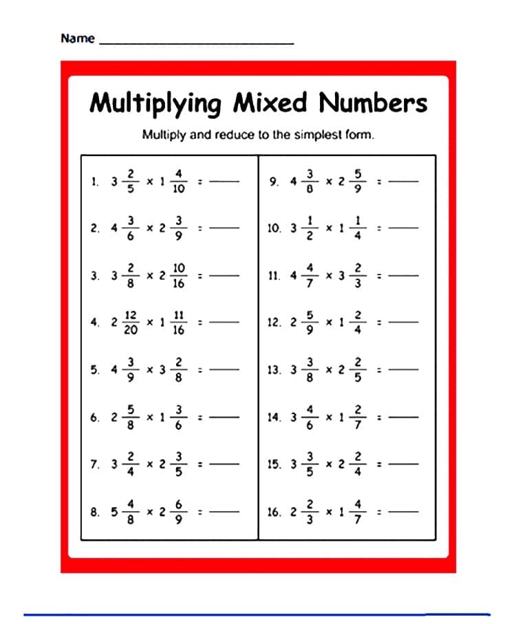 Simple Mixed Number Multiplication Worksheet