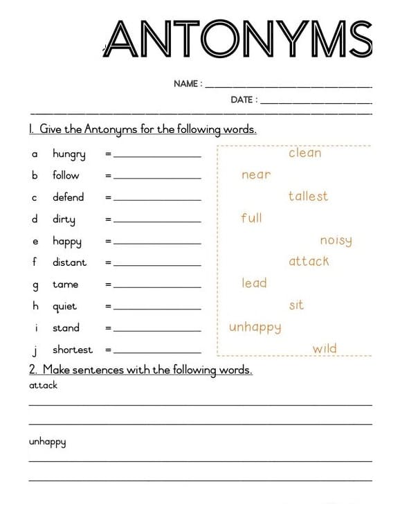 Synonyms and Antonyms Worksheet Free Photo